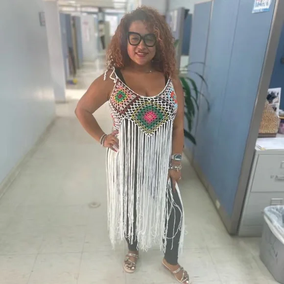 NWT 🏖️ BLACK CROCHETED FRINGED SWIM COVER-UP COLOR BLOCK BEACH DRESS One Size - Picture 8 of 10